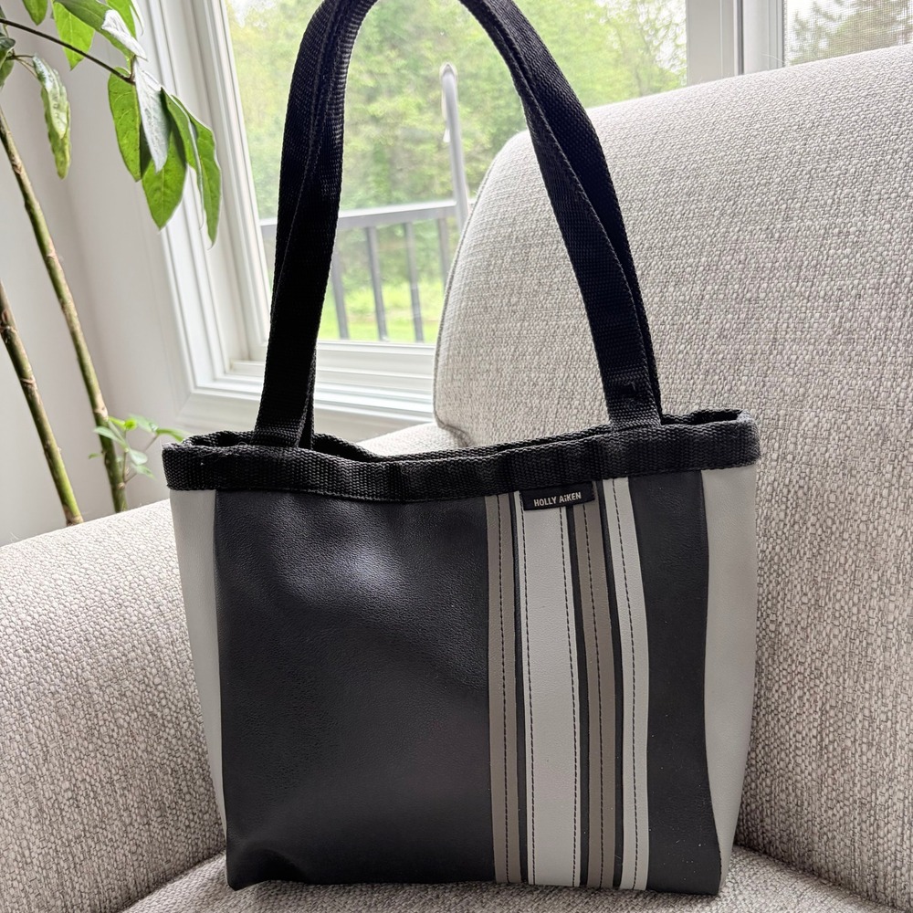 Holly Aiken Tote Bag Small Grey Black Racing Stripe Vinyl Purse Handbag